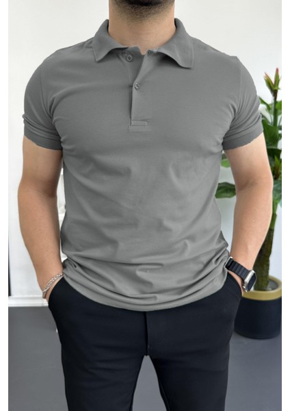 Erkek Slim Fit Düz Renk Pamuklu Soft Polo Tişört Füme EDW365