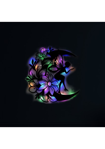 LED Işıklı Ahşap Çiçekli Aydaki Peri Figürlü Tablo Duvar Dekorlu Gece Lambası
