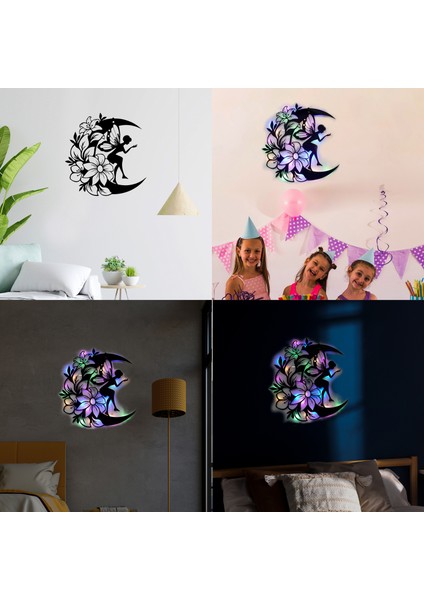 LED Işıklı Ahşap Çiçekli Aydaki Peri Figürlü Tablo Duvar Dekorlu Gece Lambası modelleri