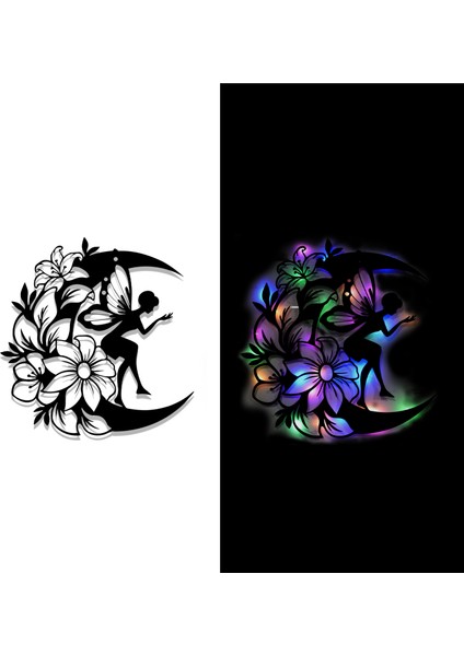 LED Işıklı Ahşap Çiçekli Aydaki Peri Figürlü Tablo Duvar Dekorlu Gece Lambası