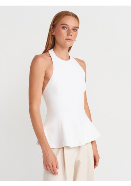 50887 Boyundan Bağlamalı Peplum Top-Ekru