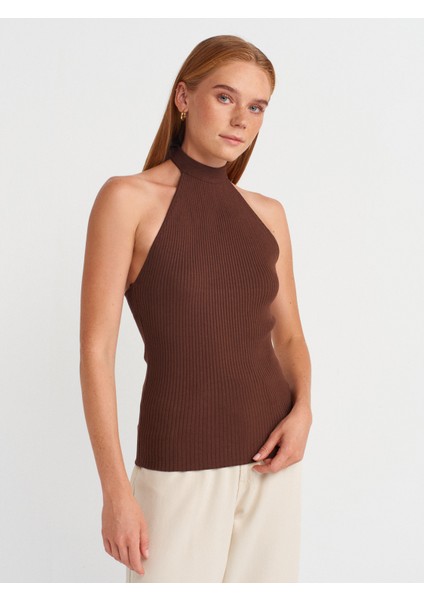 10798 Halter Bağlamalı Yaka Fitilli Triko Bluz-Kahve