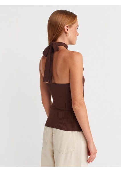 10798 Halter Bağlamalı Yaka Fitilli Triko Bluz-Kahve fiyatları