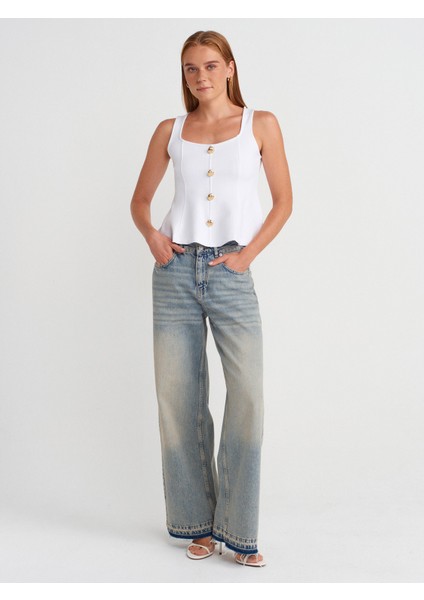 31979 Düğmeli Peplum Top-Beyaz fırsatları