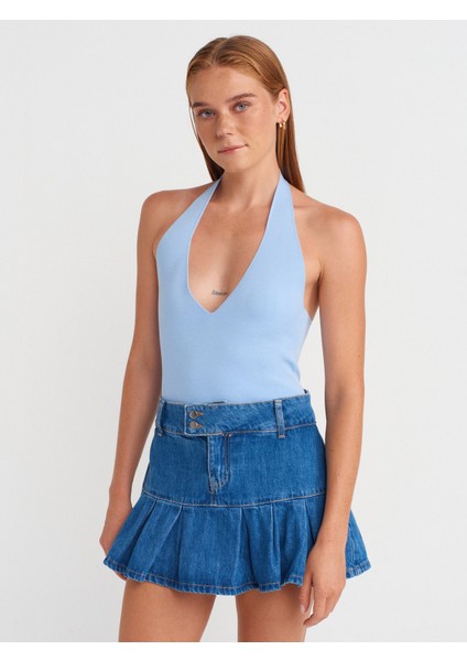 10794 Halter V Yaka Basıc Bluz-Mavi