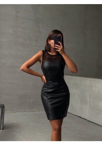 Üstü Dantelli Straplez Deri Elbise Siyah W24421 fiyatları