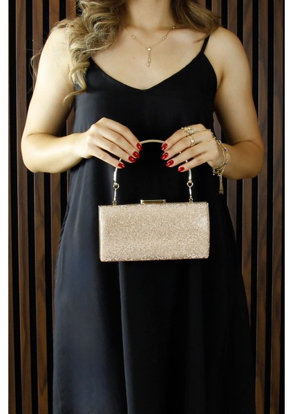 Altın Saten Kristal Taşlı Metal Saplı Abiye El Çantası