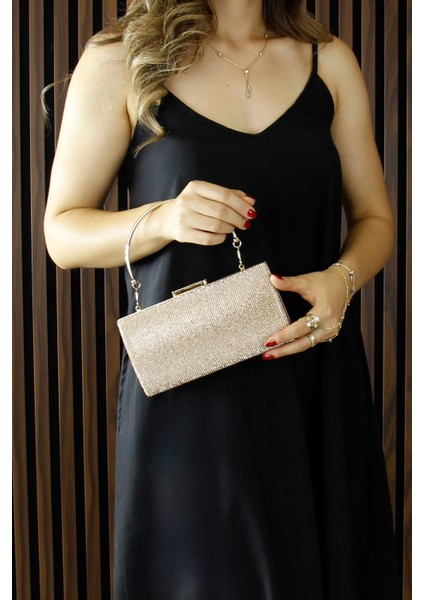 Altın Saten Kristal Taşlı Metal Saplı Abiye El Çantası indirimleri