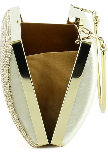 Altın Saten Kristal Taşlı Metal Saplı Abiye El Çantası