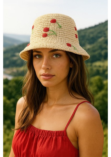 Ithal Bej Cherry Örgü Bucket Hasır Şapka
