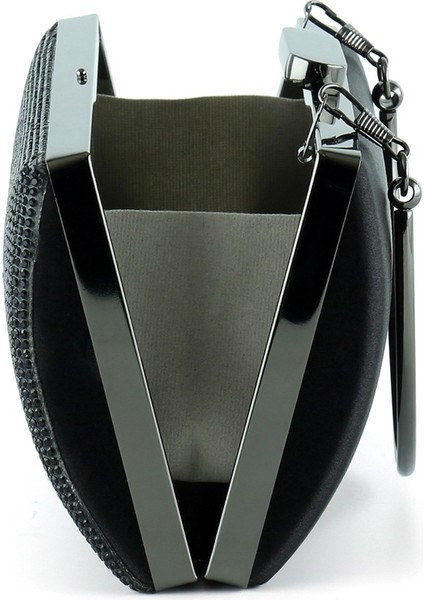 Siyah Saten Kristal Taşlı Metal Saplı Abiye El Çantası