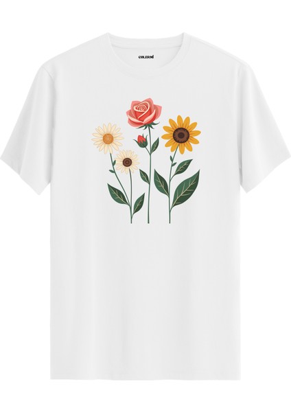 Gül Papatya Ayçiçeği Tasarımlı Uniseks Pamuk Tişört