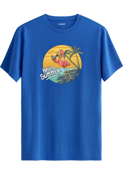 Hello Summer Flamingo Baskılı %100 Pamuk Tişört