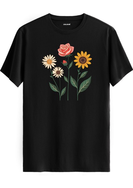 Gül Papatya Ayçiçeği Tasarımlı Uniseks Pamuk Tişört