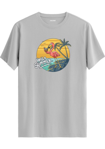 Hello Summer Flamingo Baskılı %100 Pamuk Tişört