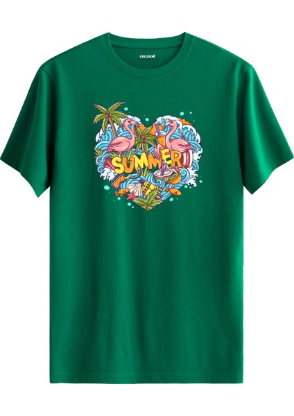 Summer Flamingo Baskılı %100 Pamuk Tişört