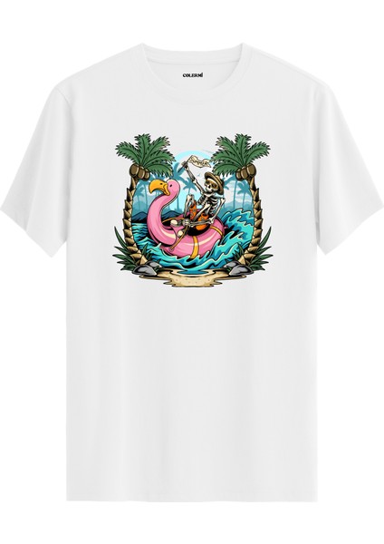 Iskelet ve Flamingo Baskılı %100 Pamuk Tişört
