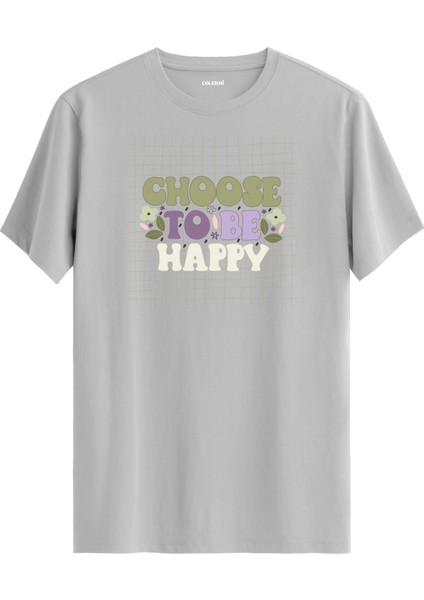 Retro Izgara Desenli "choose To Be Happy" Unisex Tişört