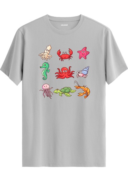 Deniz Canlıları Baskılı %100 Pamuk Tişört