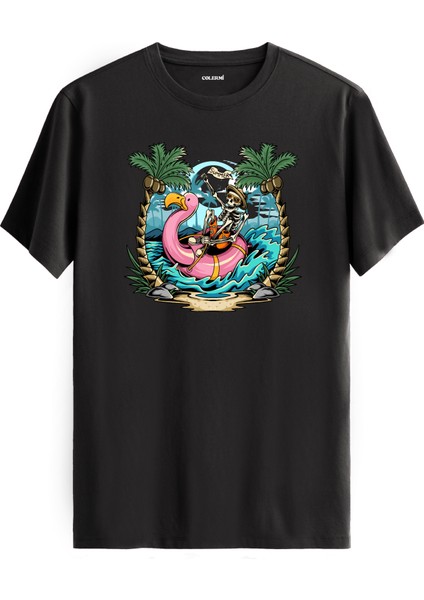 Iskelet ve Flamingo Baskılı %100 Pamuk Tişört