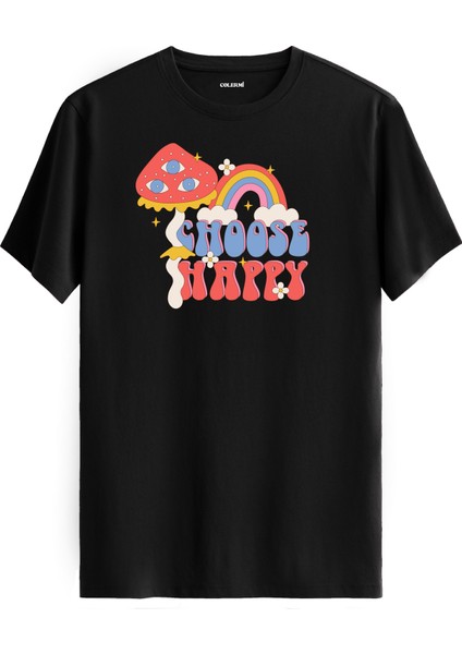 Retro Mantar ve Gökkuşağı "choose Happy" Unisex Baskılı Tişört