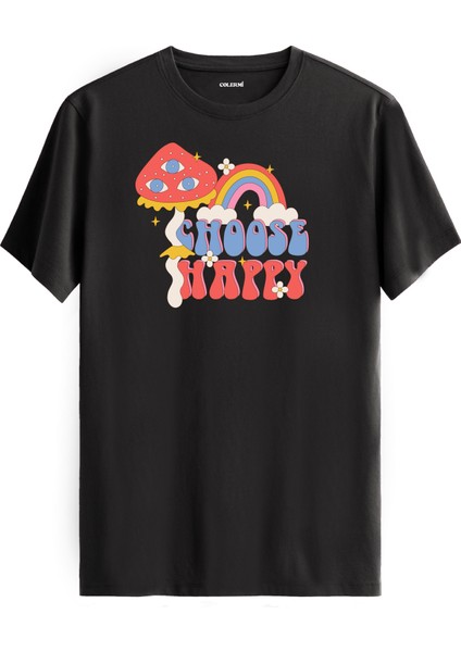 Retro Mantar ve Gökkuşağı "choose Happy" Unisex Baskılı Tişört