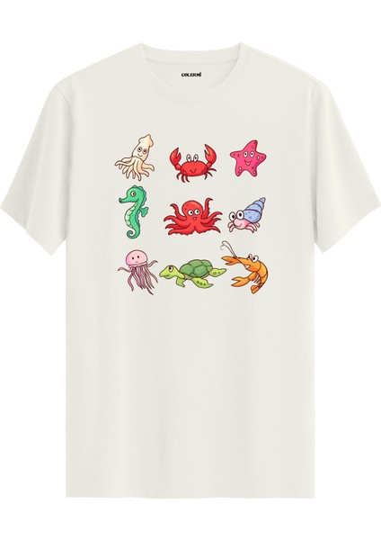 Deniz Canlıları Baskılı %100 Pamuk Tişört
