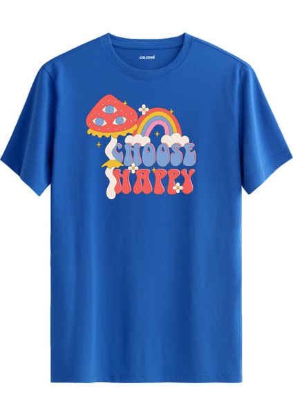 Retro Mantar ve Gökkuşağı "choose Happy" Unisex Baskılı Tişört