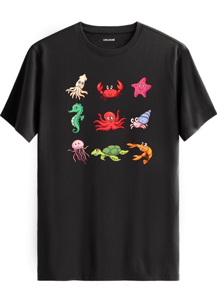 Deniz Canlıları Baskılı %100 Pamuk Tişört