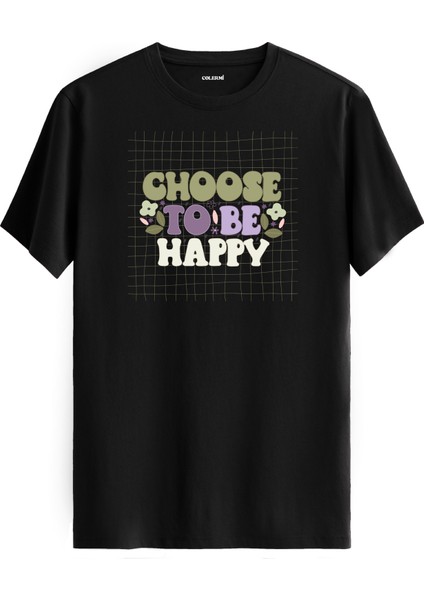 Retro Izgara Desenli "choose To Be Happy" Unisex Tişört