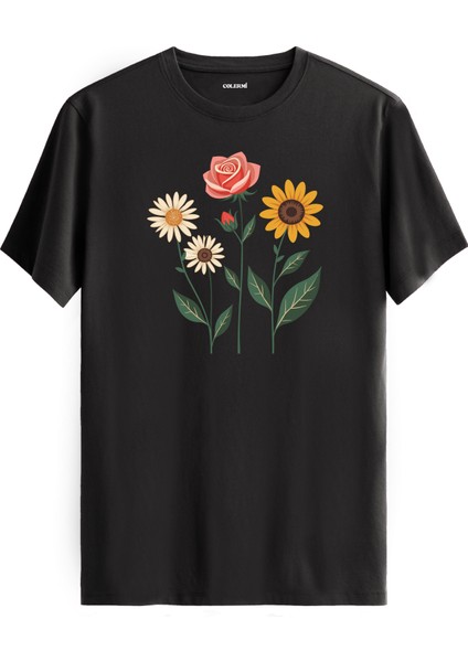 Gül Papatya Ayçiçeği Tasarımlı Uniseks Pamuk Tişört