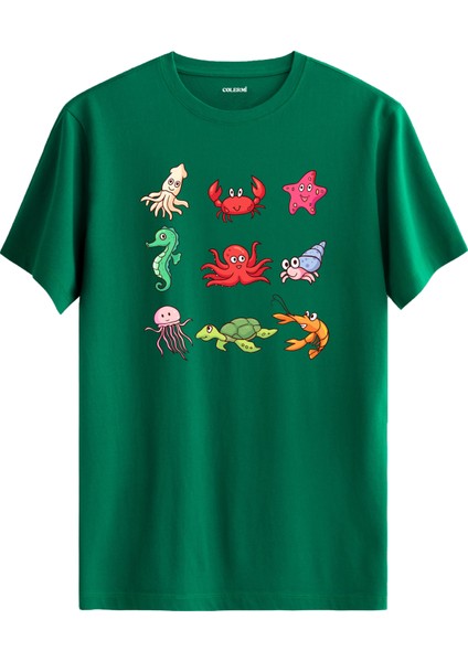 Deniz Canlıları Baskılı %100 Pamuk Tişört