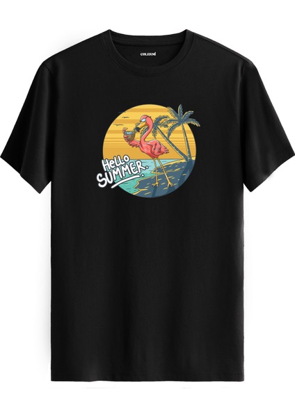 Hello Summer Flamingo Baskılı %100 Pamuk Tişört