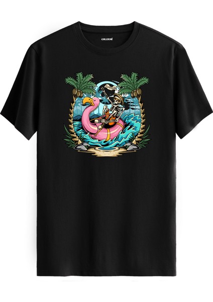 Iskelet ve Flamingo Baskılı %100 Pamuk Tişört