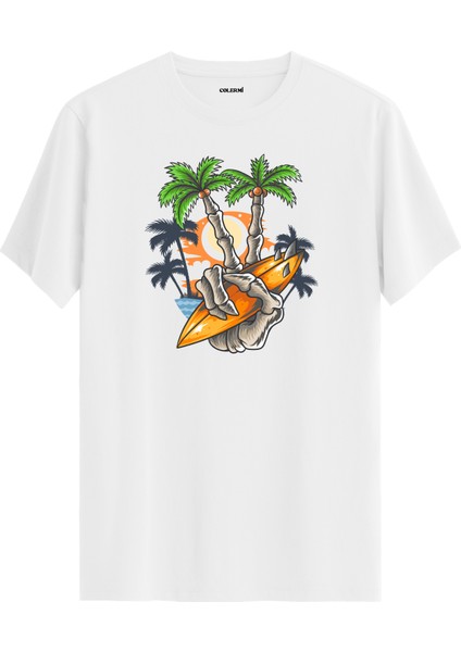 Surf Board ve Palmiyeler Baskılı %100 Pamuk Tişört