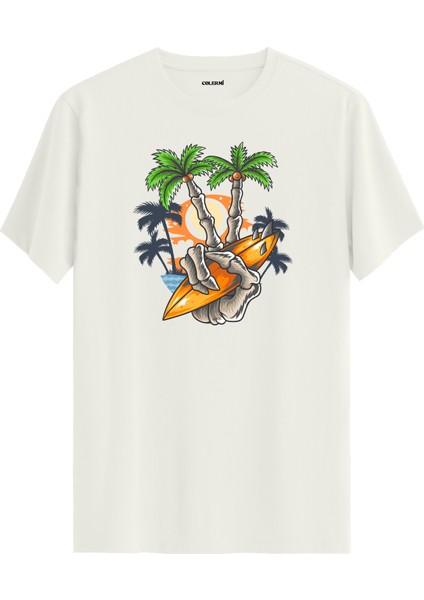 Surf Board ve Palmiyeler Baskılı %100 Pamuk Tişört