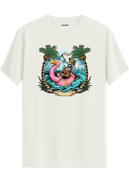 Iskelet ve Flamingo Baskılı %100 Pamuk Tişört