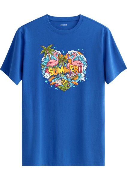 Summer Flamingo Baskılı %100 Pamuk Tişört