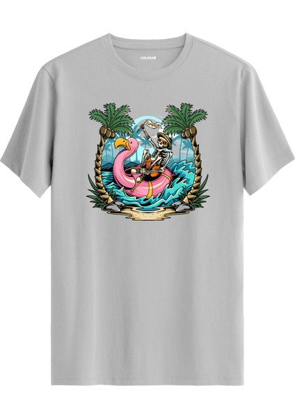 Iskelet ve Flamingo Baskılı %100 Pamuk Tişört