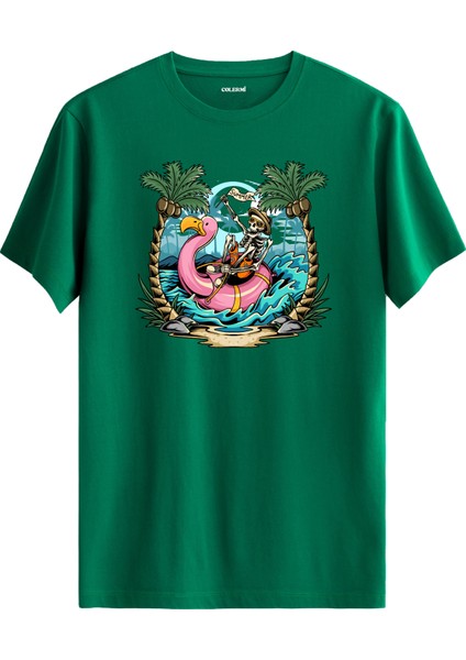 Iskelet ve Flamingo Baskılı %100 Pamuk Tişört