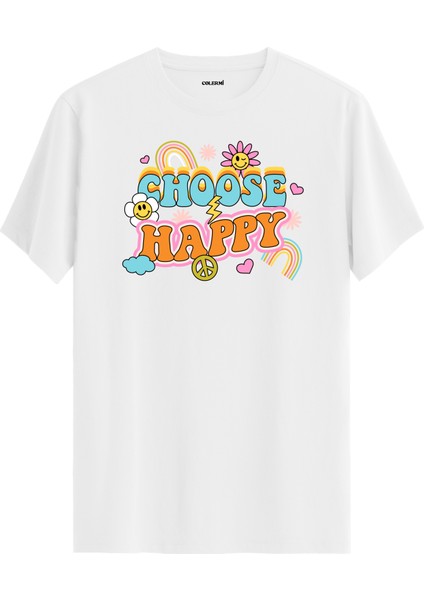 Gökkuşaklı ve Gülücük Tasarımlı "choose Happy" Unisex Tişört