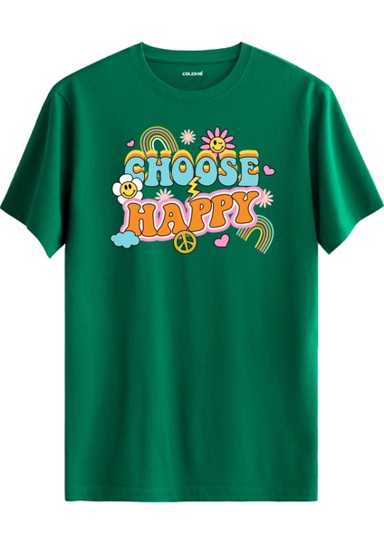 Gökkuşaklı ve Gülücük Tasarımlı "choose Happy" Unisex Tişört