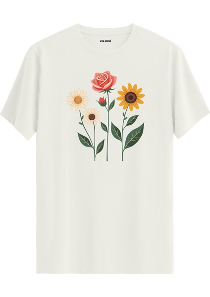Gül Papatya Ayçiçeği Tasarımlı Uniseks Pamuk Tişört