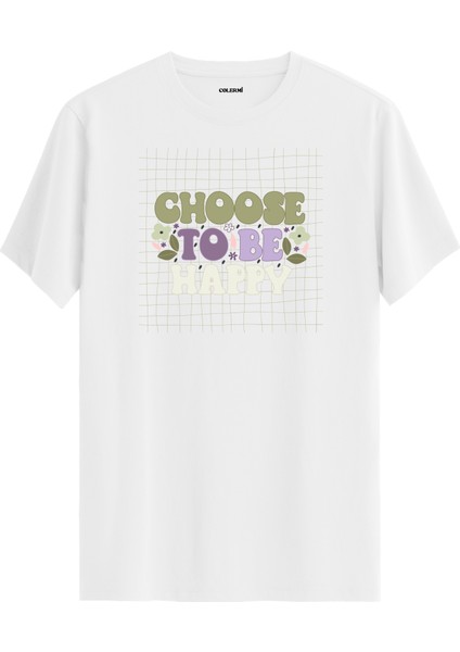 Retro Izgara Desenli "choose To Be Happy" Unisex Tişört