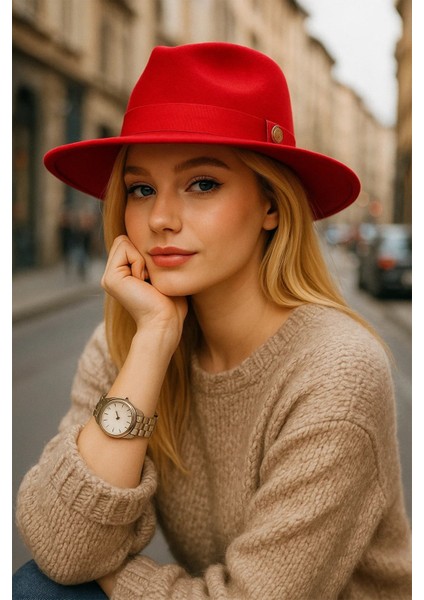 Ithal Kırmızı Fötr Şapka Sert Kovboy Panama Şapka - Ayarlanabilinir