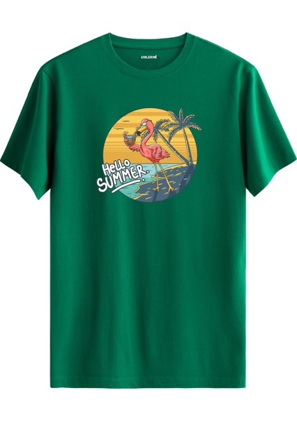Hello Summer Flamingo Baskılı %100 Pamuk Tişört