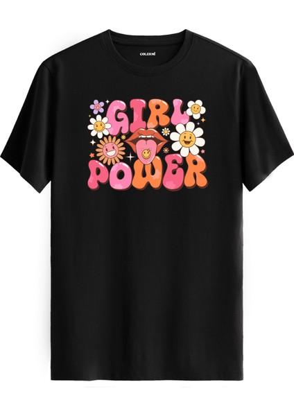 Girl Power Dudak ve Çiçek Tasarım Tişört