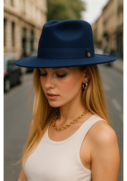 Ithal Lacivert Fötr Şapka Sert Kovboy Panama Şapka - Ayarlanabilinir