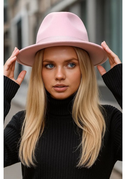 Ithal Baby Pink Fötr Şapka Sert Kovboy Panama Şapka - Ayarlanabilinir