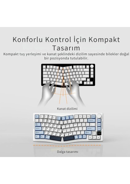 AKS-075 Ergonomik Tasarım, Tft Ekranlı 3 Modlu Mekanik Klavye Mavi - Gift Switch modelleri